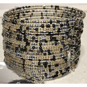 Black Gold Silver Seed Bead Cuff Bracelet 1-5/8" Wide Wire Wrapped 18 Layer BoHo